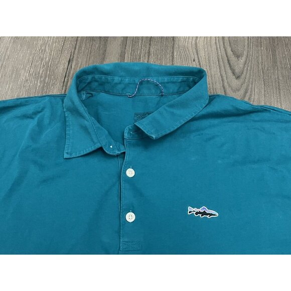Patagonia Polo Shirt Short Sleeve Organic Cotton Teal Trout Logo - Stain on back - Picture 3 of 8